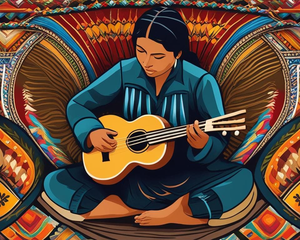 Peruaanse muzikant met traditionele muziekinstrumenten
